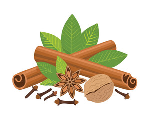 Classic warming spices: nutmeg, cinnamon, star anise, and fresh mint leaves, an essential blend for holiday beverages, desserts, and savory recipes - Vector Illustration