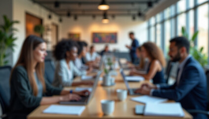 A blurred image of a modern office space with people working at work