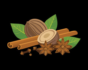 Aromatic spices: whole nutmeg, cinnamon sticks, star anise pods, and natural vanilla bean, arranged as key ingredients for fall and winter baking - Vector Illustration