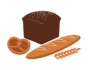 Rustic display of Dark Rye Loaves with green wheat stalks, symbolizing a hearty, healthy grain and traditional baking - Vector Illustration