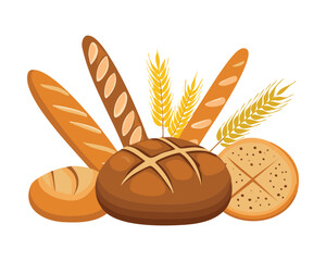 Fresh Artisan Breads with wheat stalks and ears of corn, representing a rustic and bountiful harvest of baked goods - Vector Illustration