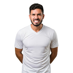 Fototapeta premium Young adult Hispanic man with a disgusted and angry expression, clenching his teeth in frustration, wearing a casual white V-neck t-shirt, standing against a plain black background.