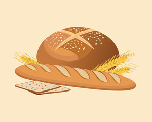 Assortment of Fresh Breads including a baguette and whole wheat loaves, representing a warm and wholesome bakery selection - Vector Illustration
