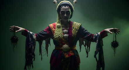 Mysterious woman in traditional attire with haunting makeup and dangling spiked ornaments evokes a sense of dark allure and ancient mystery