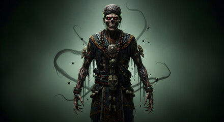 Terrifying undead shaman emerges from shadows with glowing red eyes and dark mystical aura, menacing presence