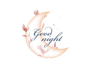 Good night message on a pink crescent moon decorated with red botanical leaves in a watercolor style