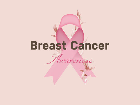 Breast cancer awareness message on a pink awareness ribbon decorated with red botanical leaves in a watercolor style