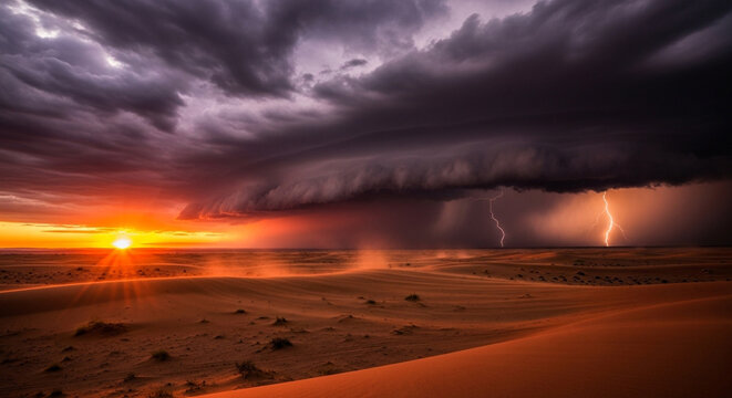 A dramatic sunset over a desert landscape with a powerful thunderstorm approaching, lightning strikes illuminating the sky, and sand dunes in the foreground