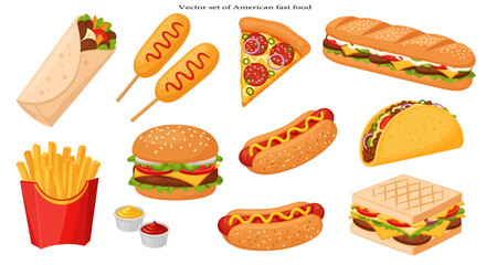 Vector set of American fast food, including a burger, hot dog, and tacos, on a white background