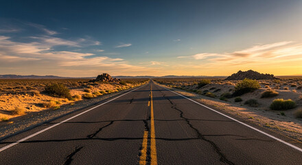 A long straight road stretches into the distance under a vibrant sky, promising adventure and exploration, with the horizon beckoning travelers onward