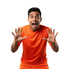 Fototapeta premium Shocked young adult Indian man in orange sportswear screaming with wide eyes and hands raised in a gesture of surprise or fear, isolated on black background.