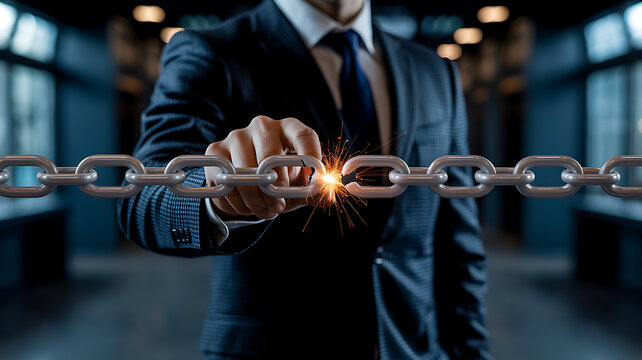 Man in suit breaks metal chain link with sparks flying breaking fire