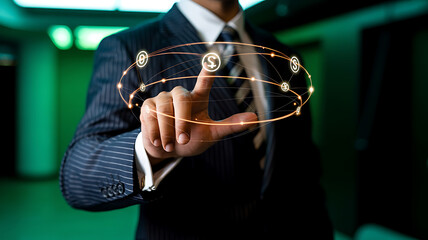 Man in suit touching glowing network of currency symbols in dark room hand finger