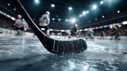 A tense hockey match. A close-up of a hockey stick on the ice with players.
