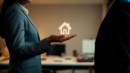 Person holding glowing house icon in office setting home light