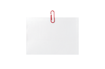 White square paper clipped with a bright red paperclip isolated on a stark black background simple memo design element