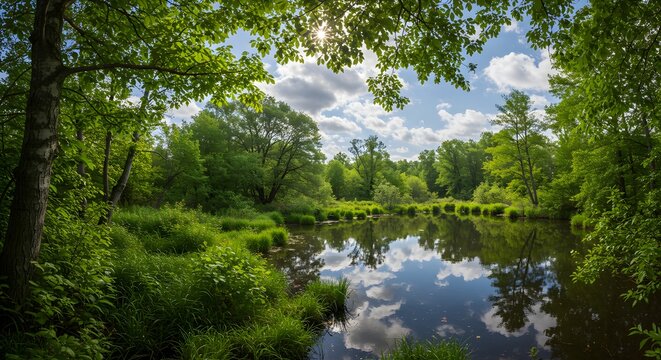Calm pond reflecting sky and forest with sunlit foliage and soft clouds creating a peaceful lush woodland scene
