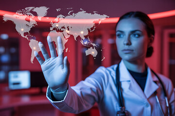 Woman in medical coat touches glowing world map with connected points doctor healthcare
