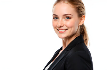 Portrait of a smiling blonde businesswoman on white background with copy space
