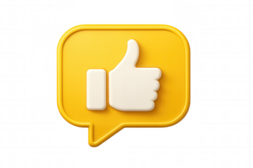 Thumb up button in a yellow chat bubble social media notification icon, showing approval and positive feedback on transparent background