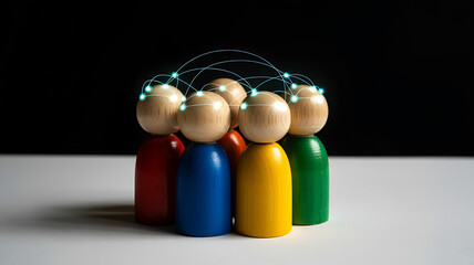 Wooden peg people connected by glowing blue network lines connection communication