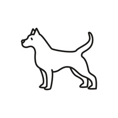 A line drawing of a dog stands facing left tail raised. editable line icon