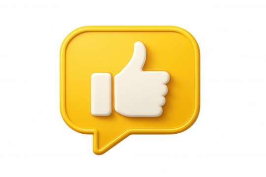 Thumb up button in a yellow chat bubble social media notification icon, showing approval and positive feedback on transparent background