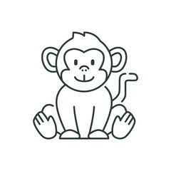 A line drawing of a seated monkey with a smiling face visible tail and hands resting on the ground. editable line icon