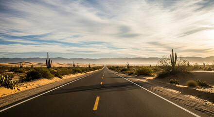 Fototapeta premium A long road stretches through the arid desert landscape, flanked by cacti and scrub brush, under a vast sky with scattered clouds, bathed in the warm glow of the setting sun