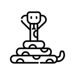 A stylized black outline drawing of a cobra in a coiled pose with its head raised. editable line icon