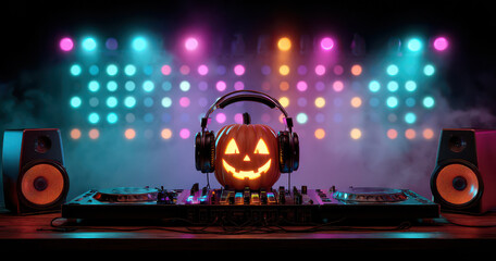 Spooky Halloween party pumpkin DJ with carved glowing face wearing headphones in nightclub lights