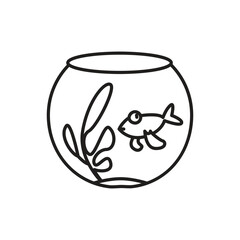 Black outline drawing of a fishbowl containing a fish  plant. editable line icon