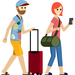 Pixel Art Couple Traveling Together Pulling a Red Suitcase and Carrying a Green Duffel Bag While Looking at Phone