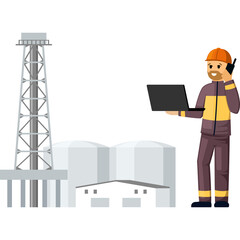 Pixel art construction worker in orange helmet holding a laptop and talking on a radio with an industrial plant in the background.