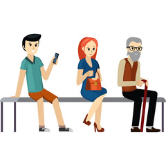 Pixel Art Depicting Diverse People Waiting on a Bench with a Mobile Phone and Walking Cane Illustration in a Minimalist Style