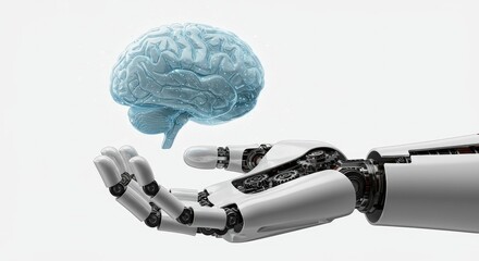 A robotic hand grasping a luminous, levitating artificial intelligence brain, symbolizing technological integration, isolated on a white background.
