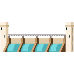Pixel Art Dam Structure With Water Flowing Through Spillways And Towers On A White Background
