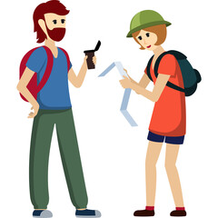 Pixel Art Duo Hikers With Backpacks Consulting Map and Radio Device In Outdoor Adventure With Green and Orange Outfits and Transparent Background