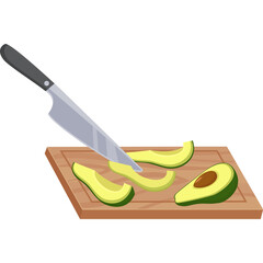 Pixel Art Illustration of a Sharp Silver Knife Slicing a Ripe Green Avocado on a Wooden Cutting Board with Slices Scattered Across the Surface Against a Transparent White Background