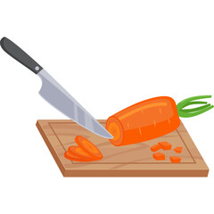 Pixel art illustration of a whole carrot and sliced carrot on a wooden cutting board with a knife preparing to board white background