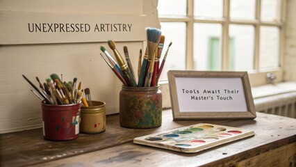 A collection of artist brushes and supplies on a wooden workbench