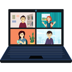 Pixel art illustration of four diverse people in a video conference call on a laptop screen with transparent background shows remote work and digital communication