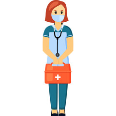 Pixel Art Medic With Stethoscope And First Aid Kit Wearing Mask White Background Standing Professional Healthcare Worker Illustration