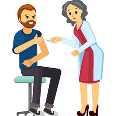 Pixel art of a smiling man with beard receiving vaccination from a female healthcare professional in a white coat holding a syringe with a blue liquid in a medical clinic with a white background