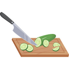 Pixel art of a chef knife slicing a fresh green cucumber into thin rounds on a wooden cutting board with a transparent background