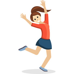 Pixel Art of a Young Woman with Brown Hair in a Ponytail Smiling and Jumping with Arms Raised in a Red Shirt and Blue Skirt