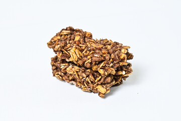 Granola Bars isolated on white background. Two. pile, stack. High protein snack. Broken, half. Close up view. clipping path.