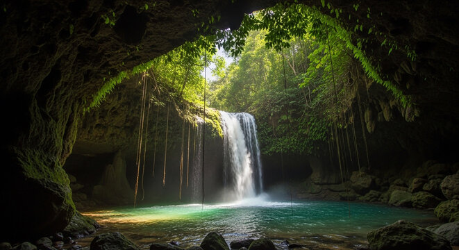 A breathtaking waterfall cascading into a turquoise pool within a lush cave, illuminated by sunlight filtering through the dense foliage above - Powered by Adobe