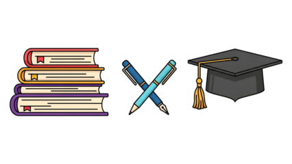 Academic Books with Graduation Cap and Pens on Transparent Background