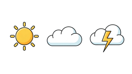 Weather Icons Sunny Yellow Sun, White Cloud, Stormy Cloud
